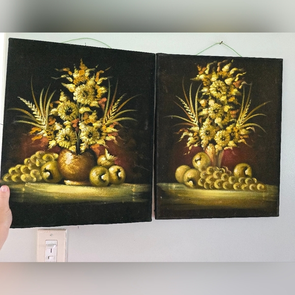 2 Vintage Black Velvet Floral Flower Painting Art Paint Still Life *flaw*